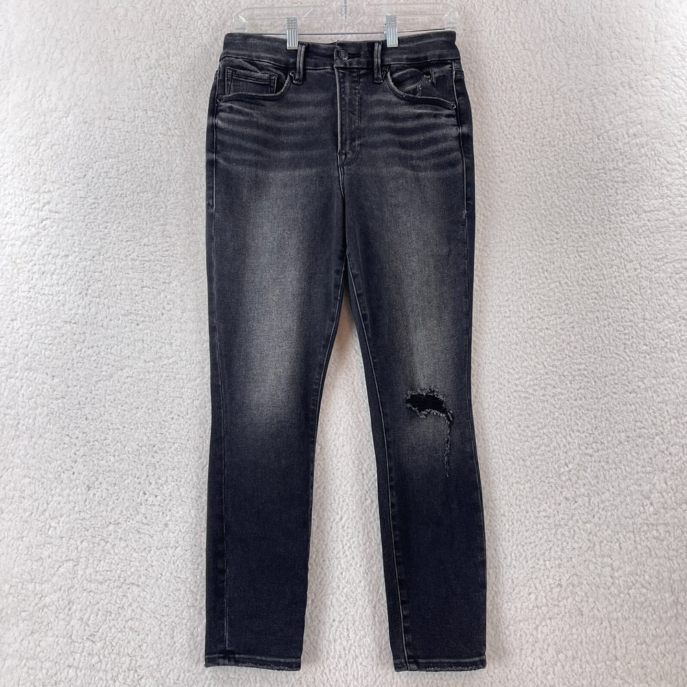 Good American‎ Black Denim Good Waist Crop Jeans Womens High Waist Distressed 8